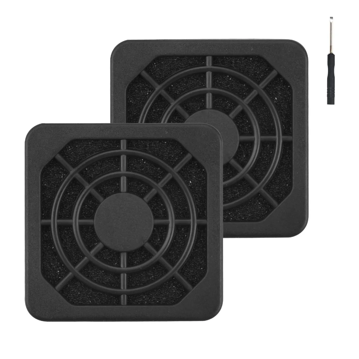 Two square black plastic fan filter grilles 40mm each with fine mesh centres