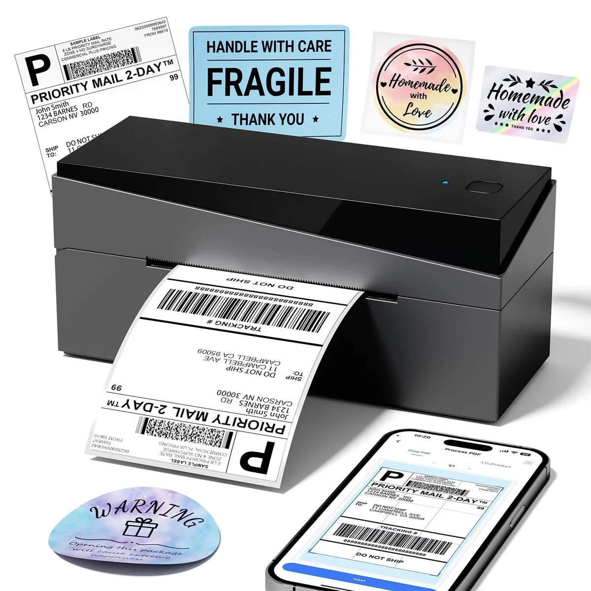 Compact white thermal label printer with top-loading roll slot and blue power button