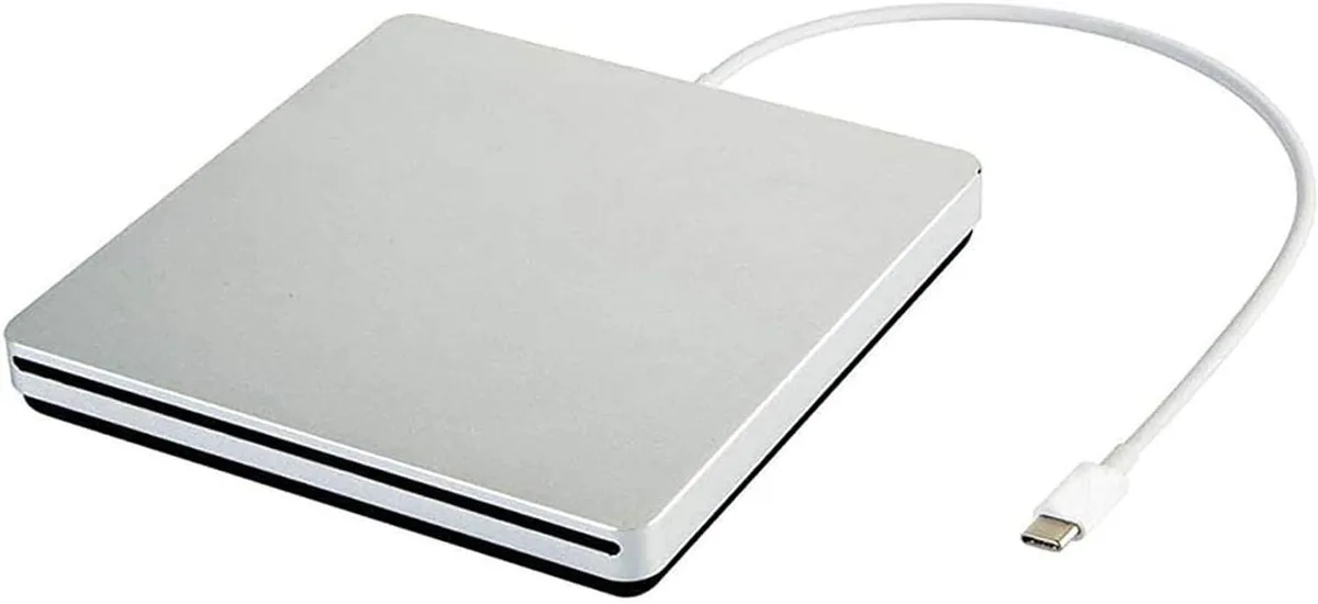 Silver slot-in external Blu-ray drive with USB-C cable and adapter