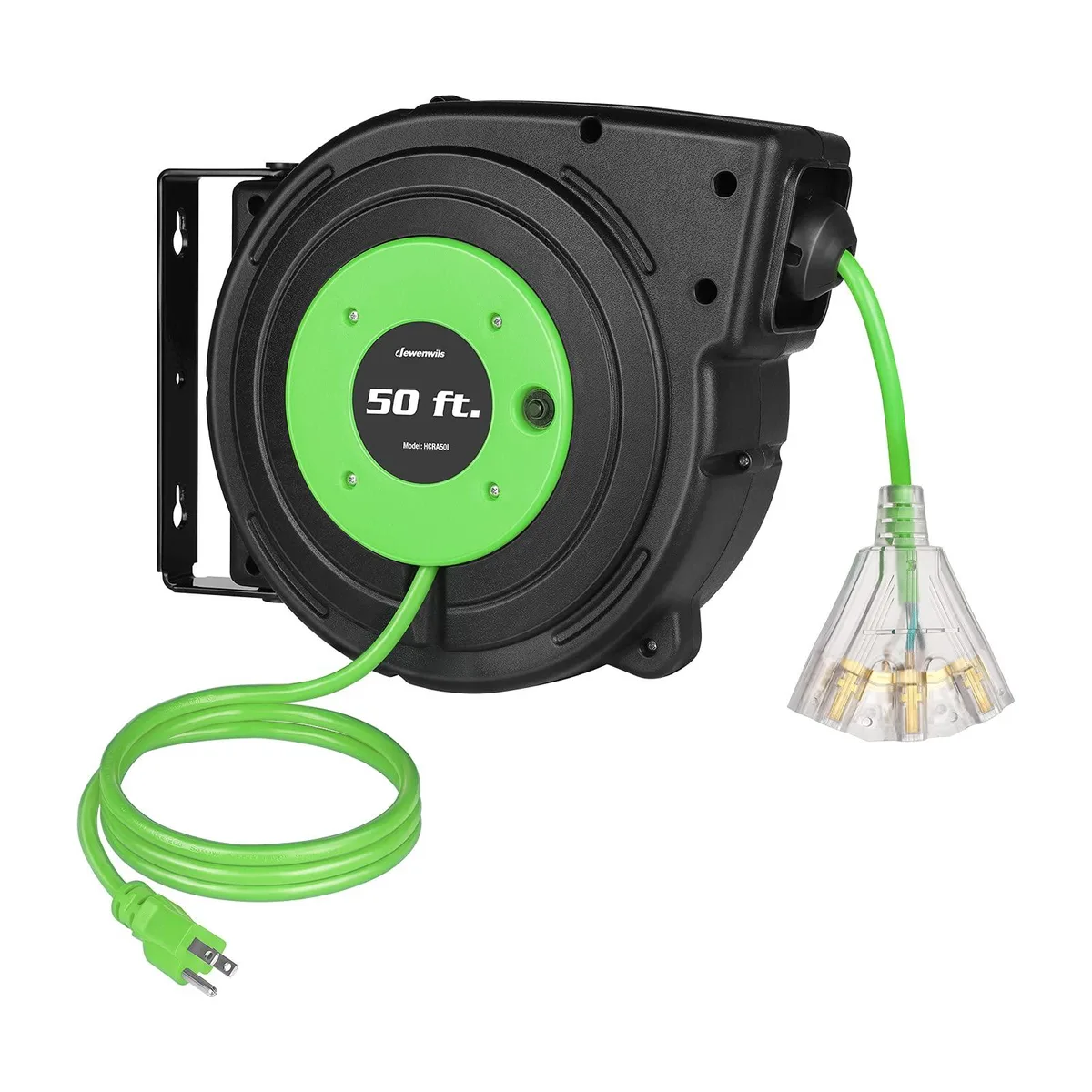  DEWENWILS DL-610 Retractable Cord Reel 50FT 14AWG/3C SJTOW 13A Circuit Breaker 180° Swivel Mount Green — product photo