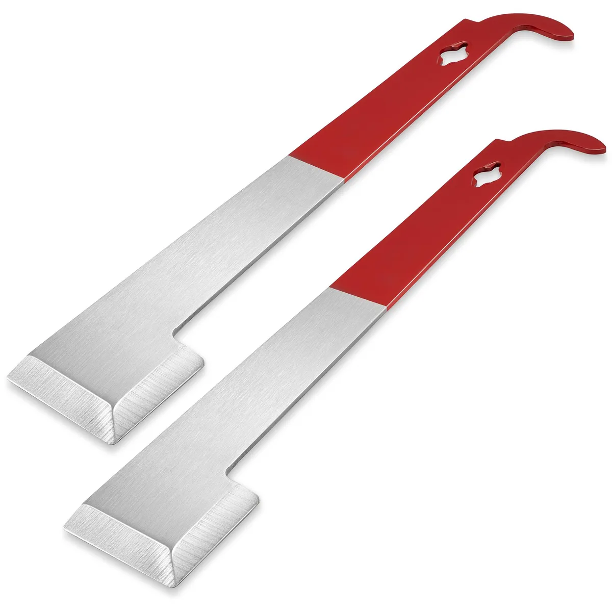 Two stainless steel J-hook hive tools with red handles and hanging holes