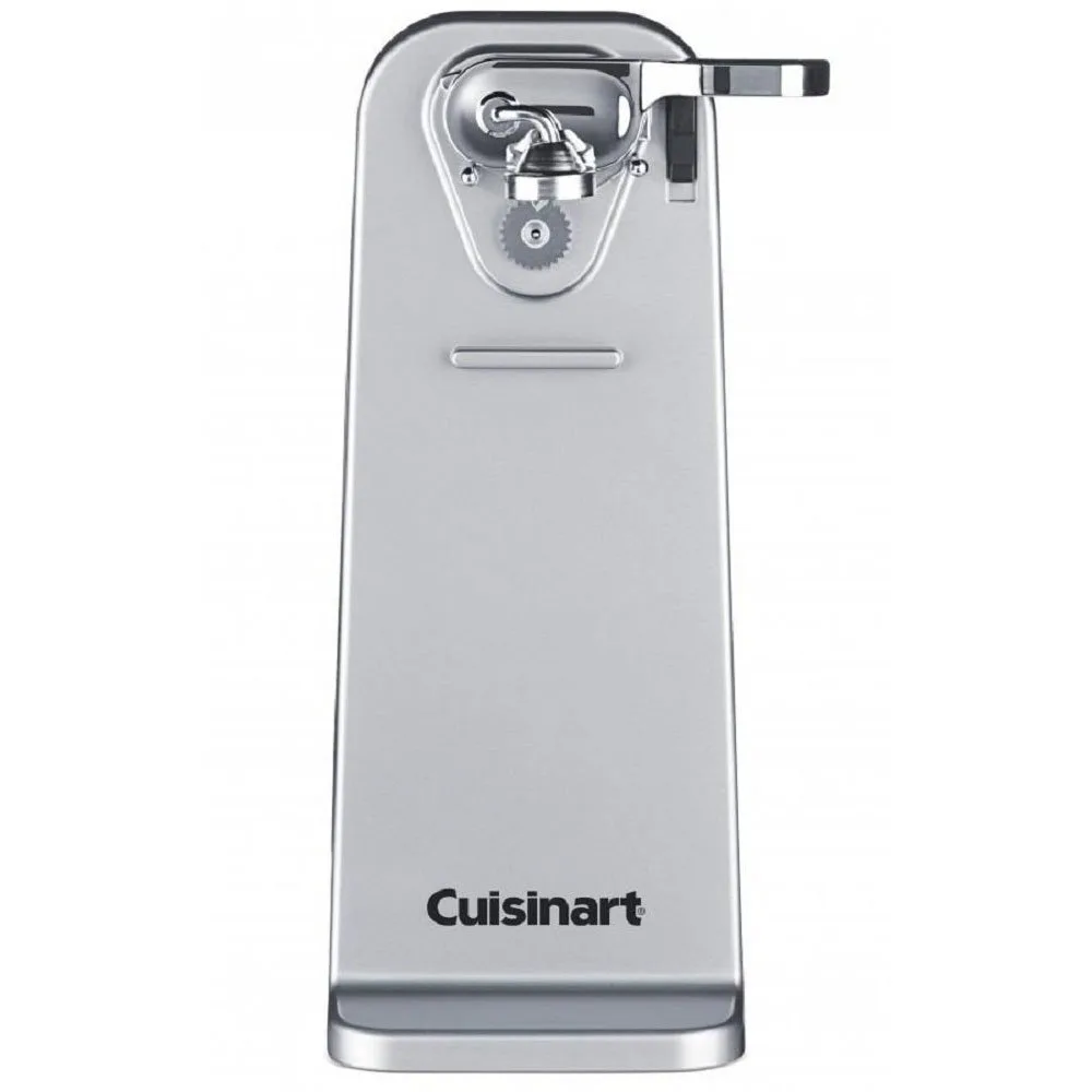 Silver electric can opener with chrome finish and plastic base