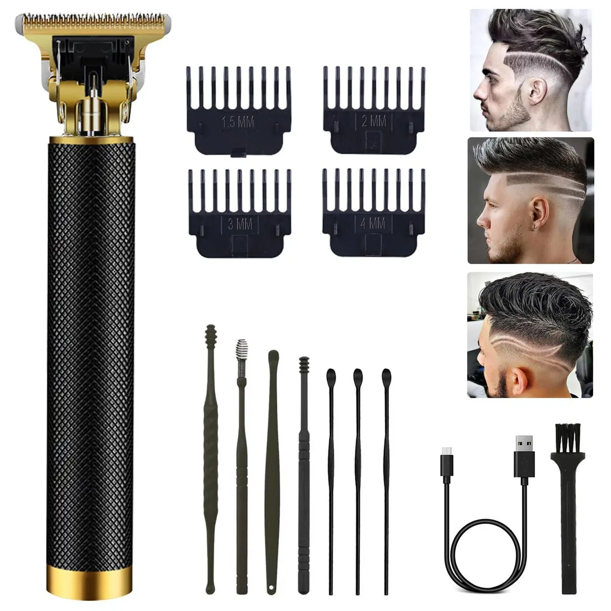 Black cordless clipper and trimmer kit with T-blade and guide combs
