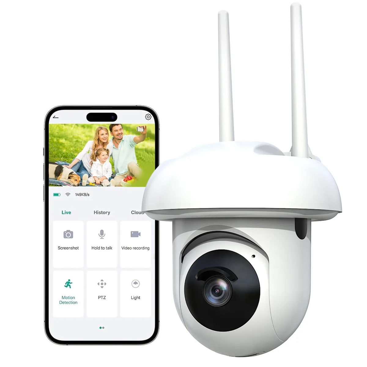 White wall-mounted light-bulb style Wi-Fi camera with 355° pan and 100° tilt