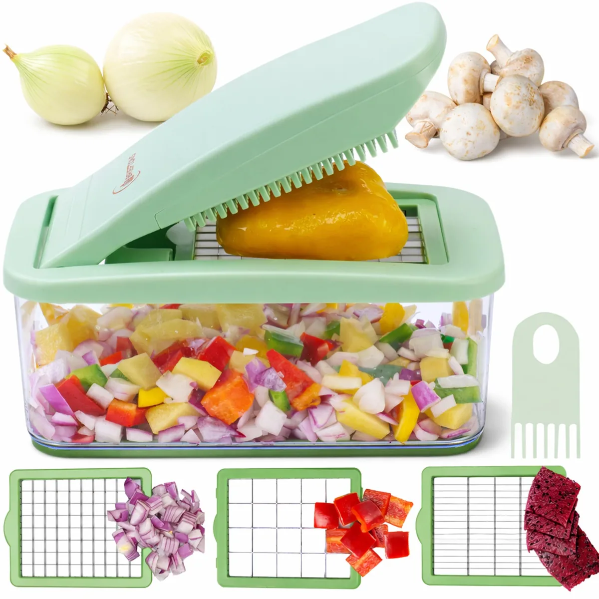 Brieftons QuickPush Food Chopper Green 2.6-Quart 3 Blades 12mm/23mm Dice 6mm Slice — product photo