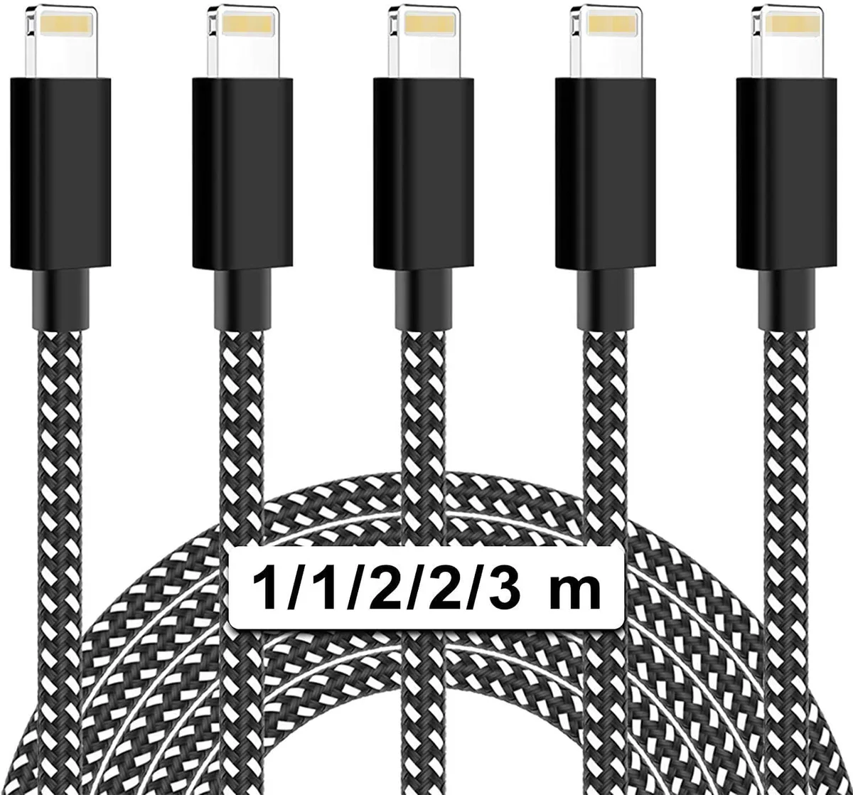 SMA SMA Lightning Cable 5 Pack 1 1 2 2 3M Nylon Braid USB A Black White — product photo