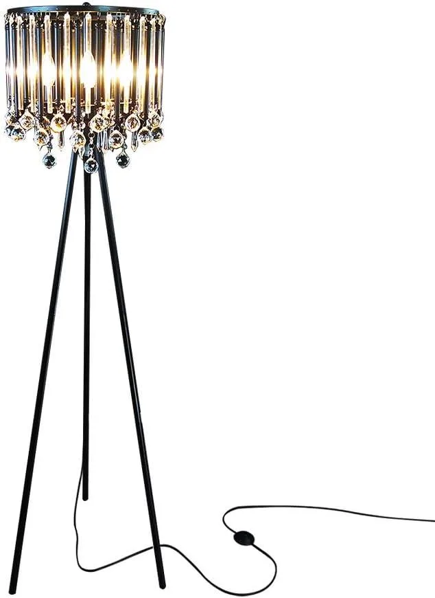 Black tripod floor lamp with four crystal shades, 58.26in tall