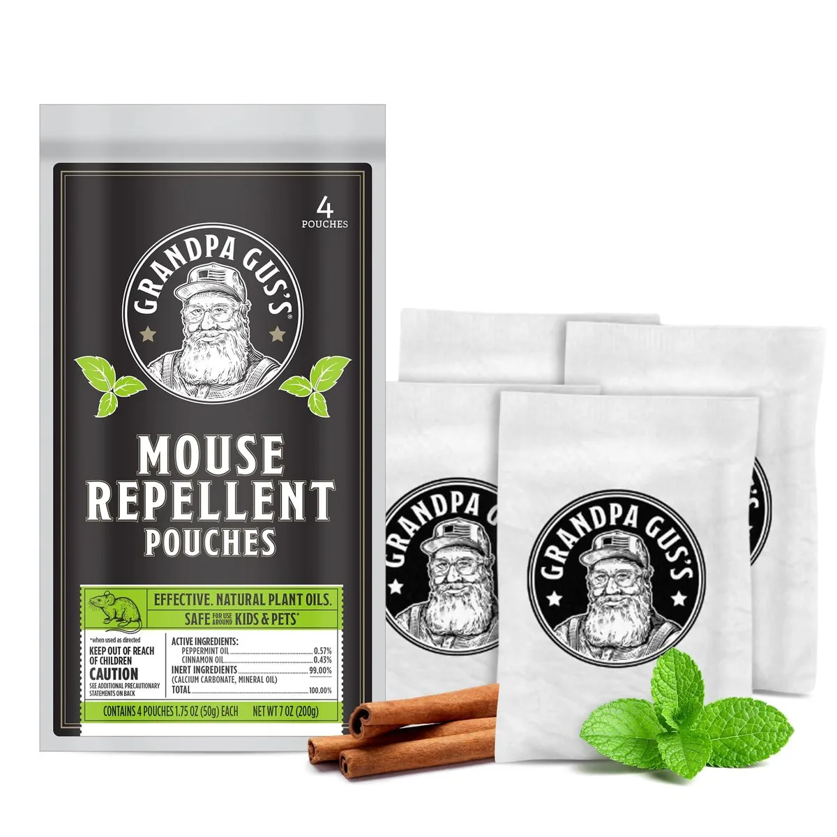 Four fabric pouches with cinnamon peppermint scent for mouse control