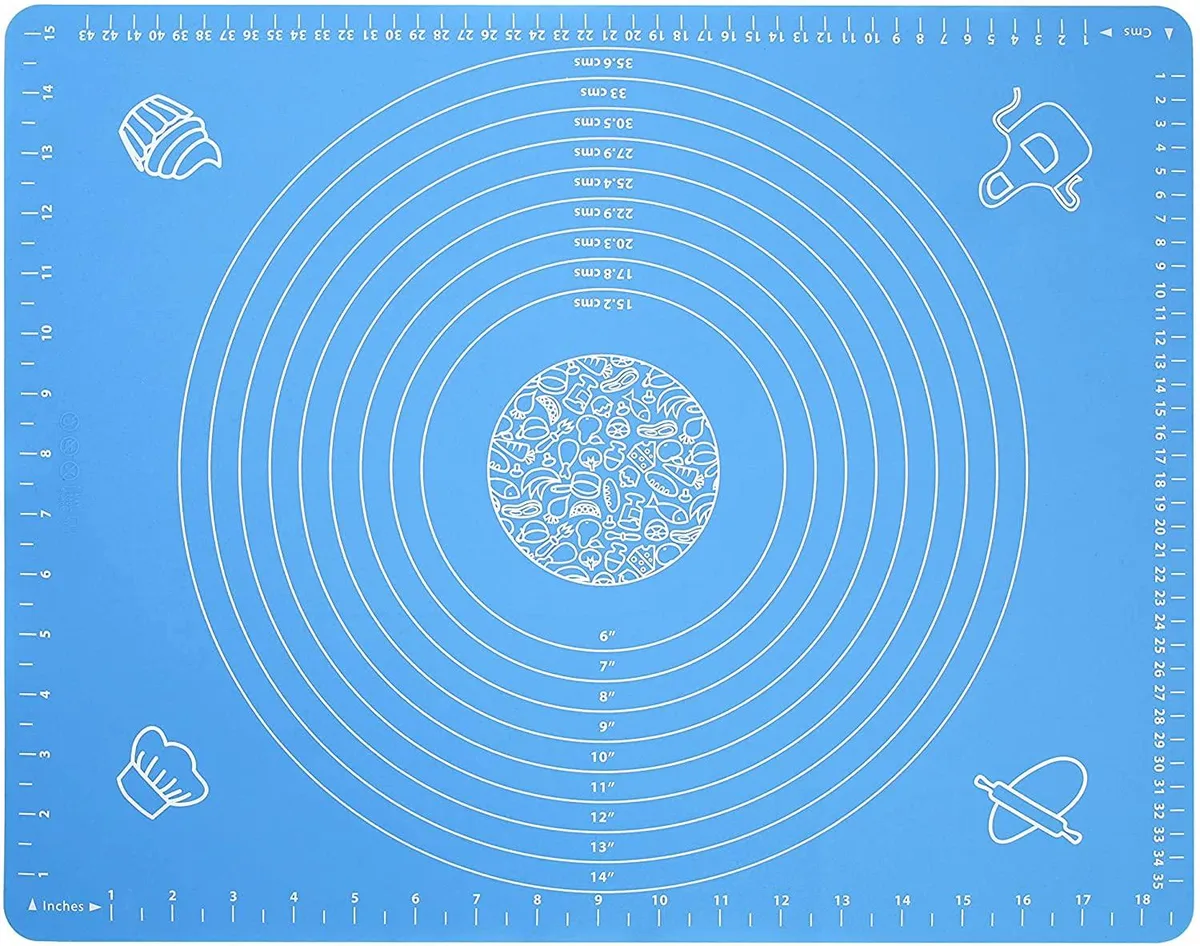 Rectangular blue silicone baking mat 19.7 by 15.7 inches with printed measurement scales