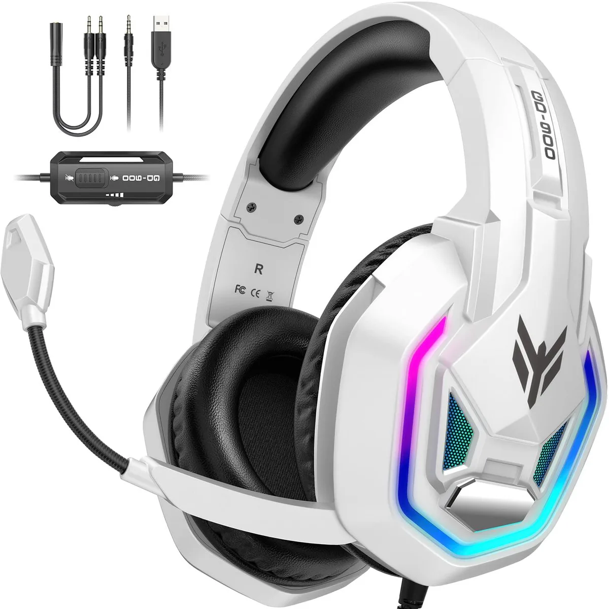 White over-ear gaming headset with RGB lighting, 50mm drivers, flexible boom mic and 3.5mm cable