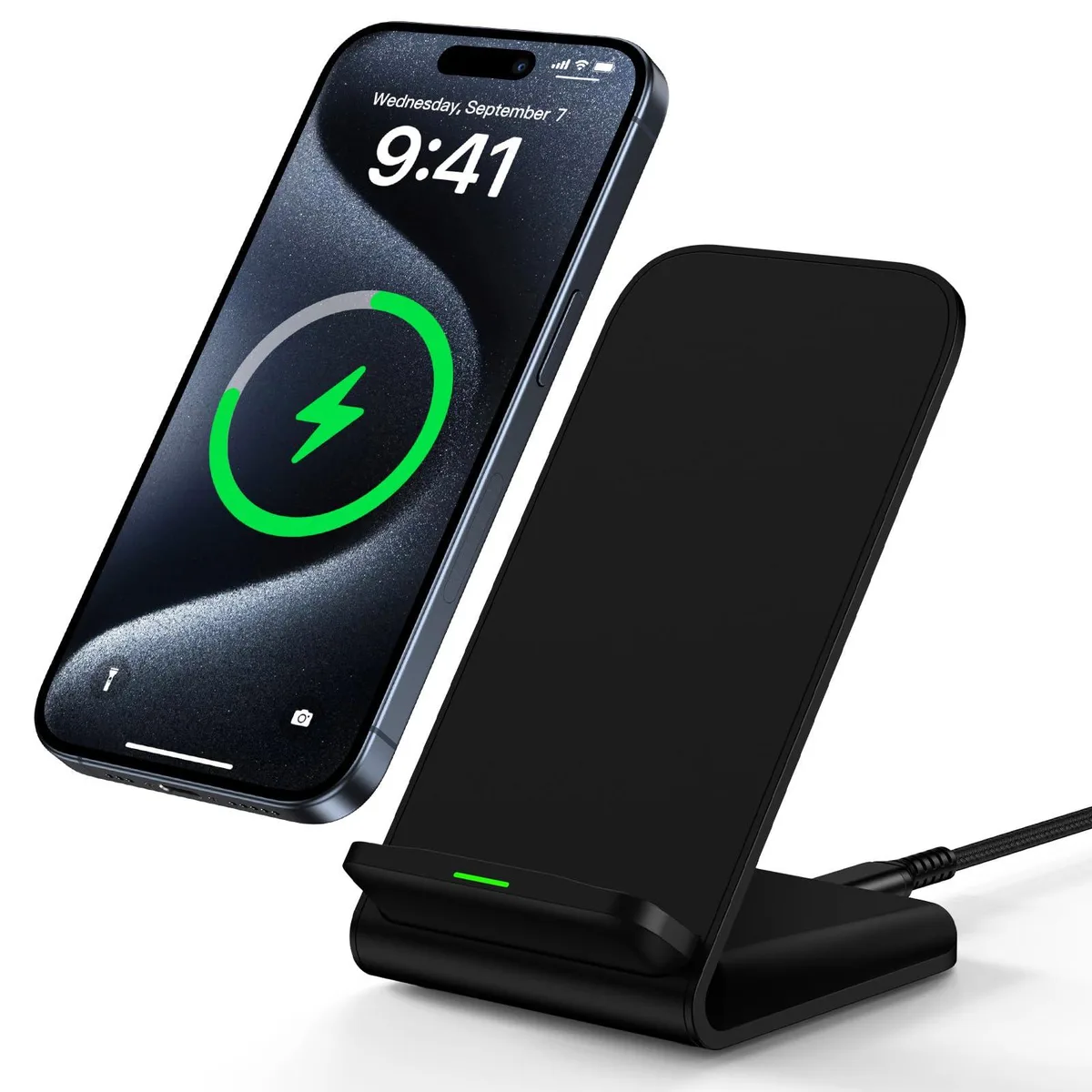 White upright wireless charging stand with phone cradle, USB-C cable attached