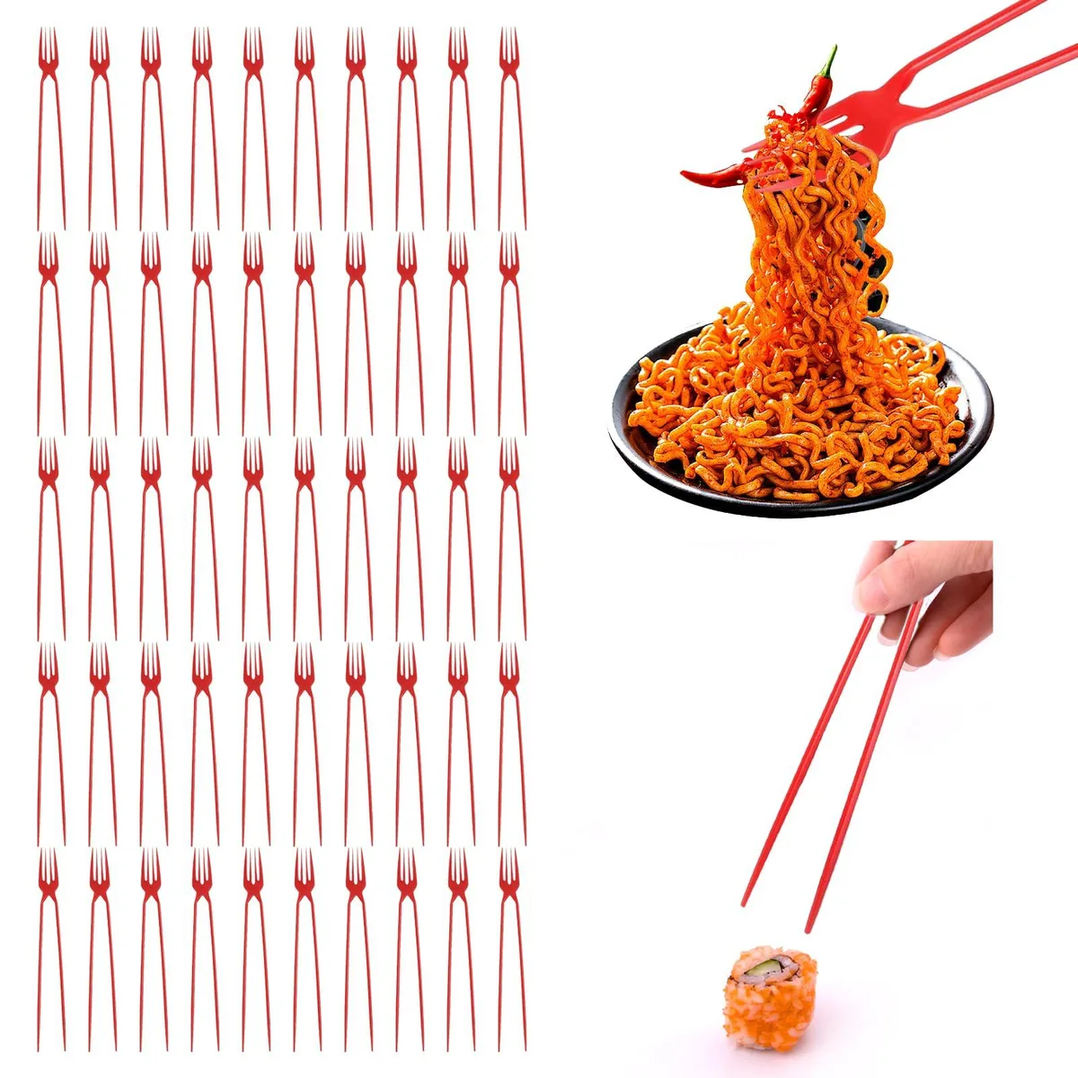 Red plastic chopstick-fork combo utensils, 50-piece set