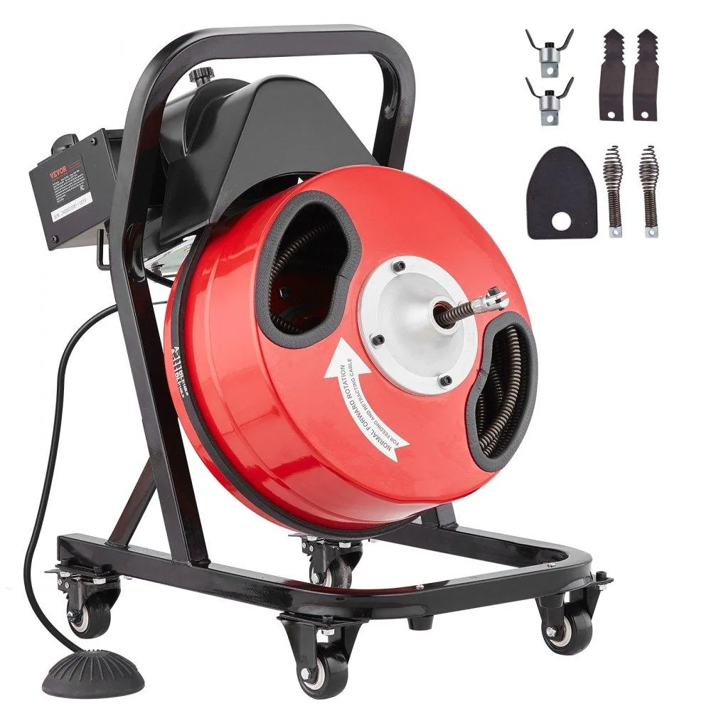 VEVOR VEVOR D1000 Drain Cleaner Machine 50FT 1/2 Inch Manual Feed with Wheels 4 Cutters Air Foot Switch — product photo