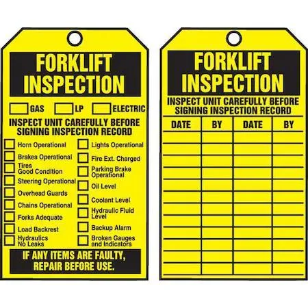 Pack of 100 yellow cardstock forklift inspection tags with mounting holes