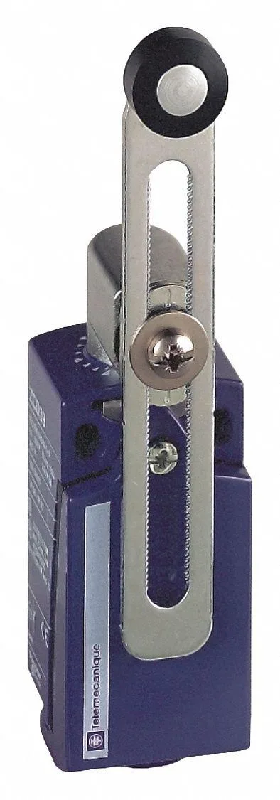 Telemecanique limit switch with adjustable roller lever on side, miniature body