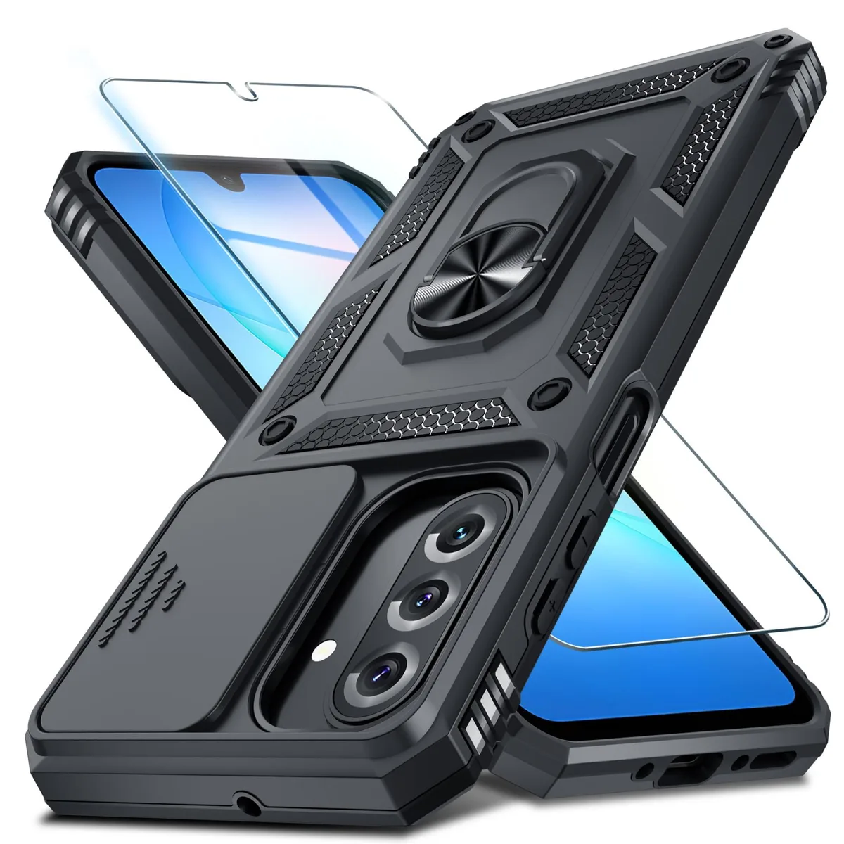 Janmitta Samsung Galaxy A17 Case Black Slide Camera Cover Ring Kickstand Screen Protector — product photo