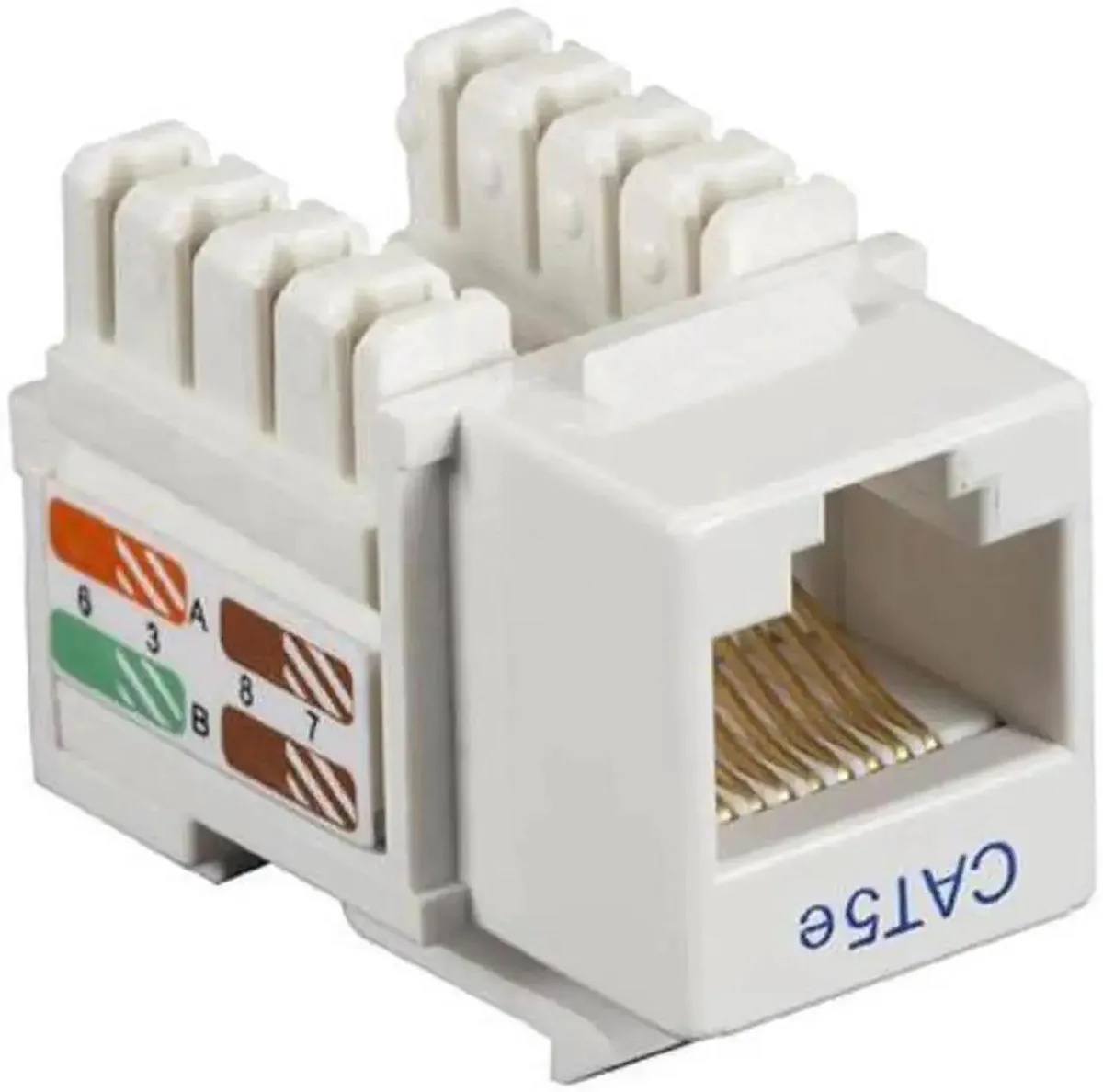 Ten white rectangular keystone jacks with punchdown terminals visible