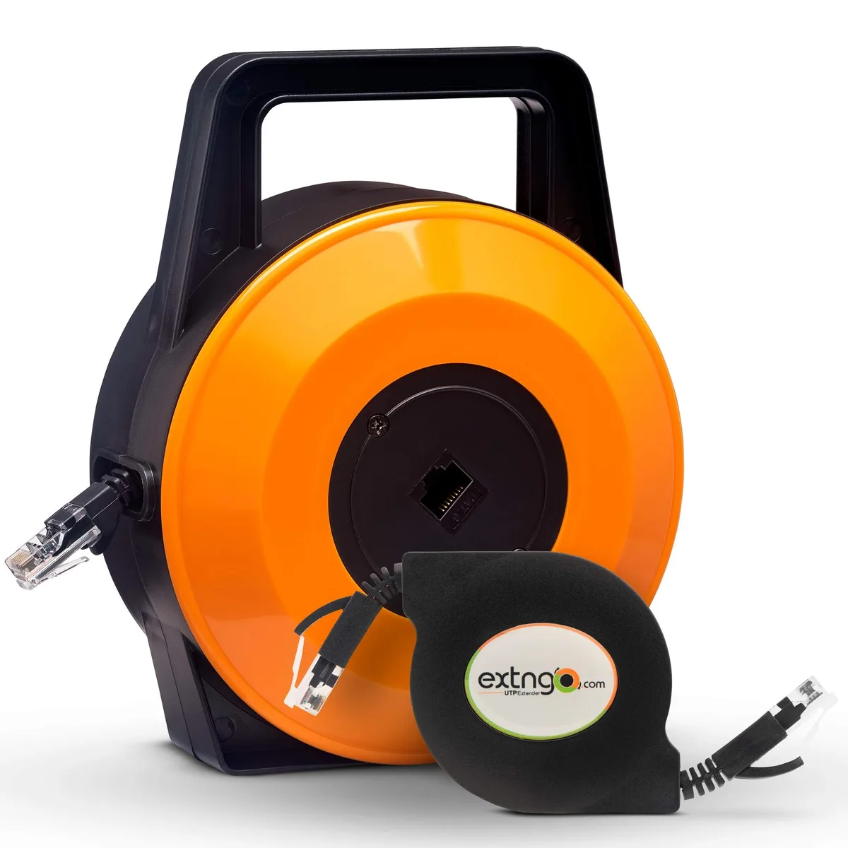 Orange retractable flat CAT6 cable reel with male-female RJ45 connectors