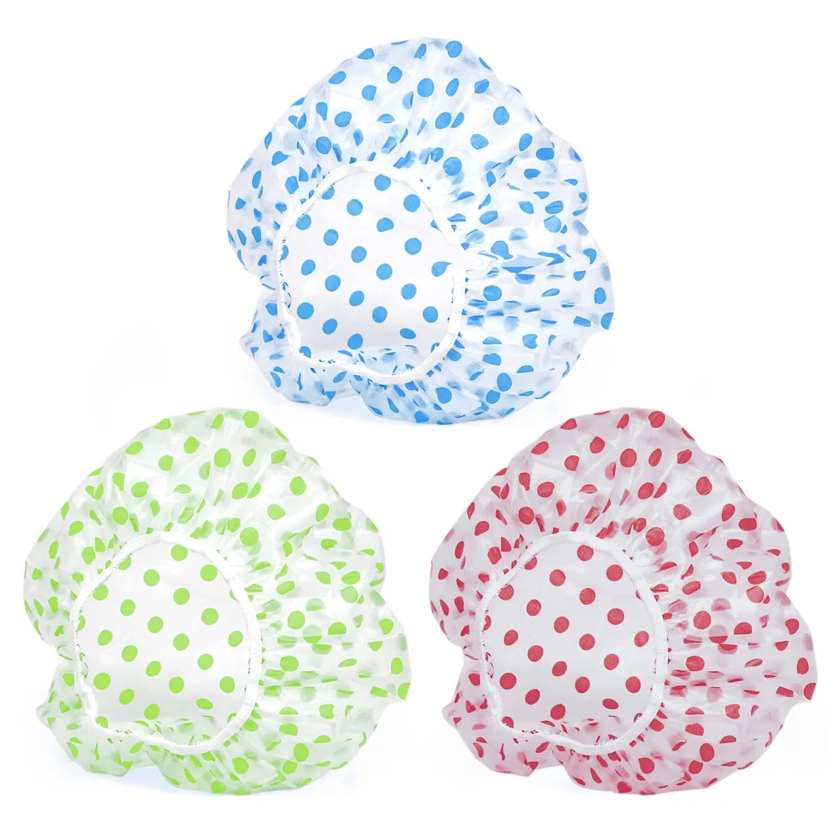 Three blue-dotted plastic shower caps, elastic band, 9.8 inches