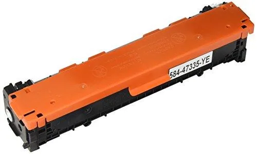 Yellow laser toner cartridge in a rectangular plastic housing with a pull tab