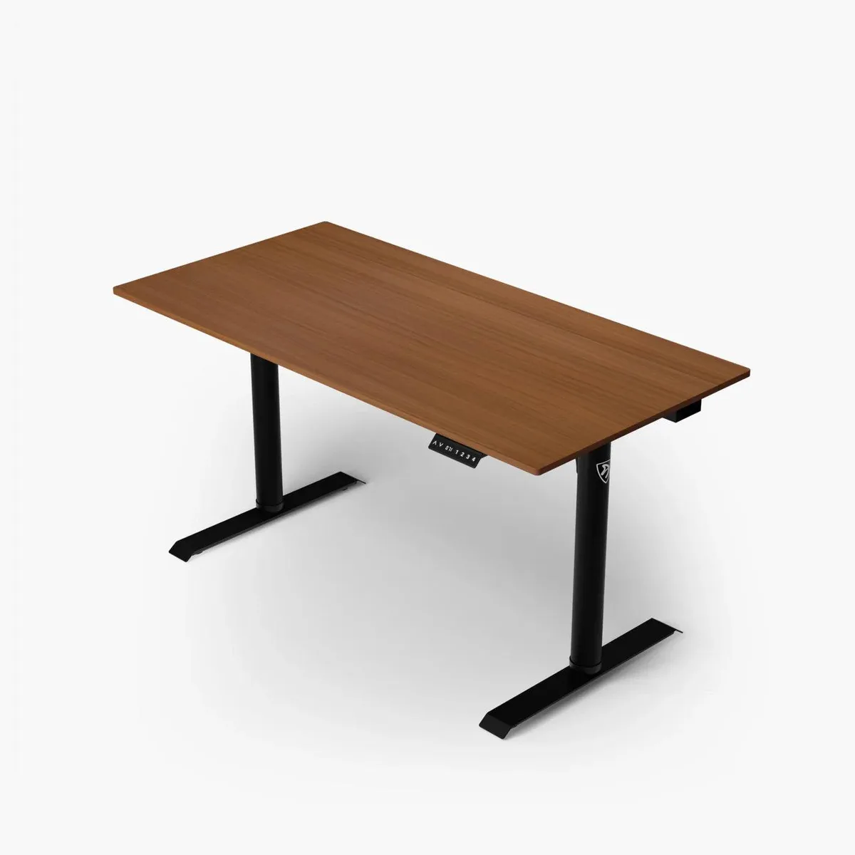 Walnut electric standing desk with steel legs, cable baskets and LED height display