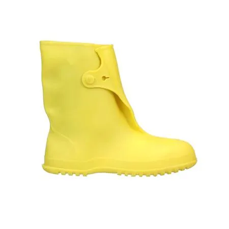 Yellow PVC mid-calf overboots with cleated sole and button tab, men's medium