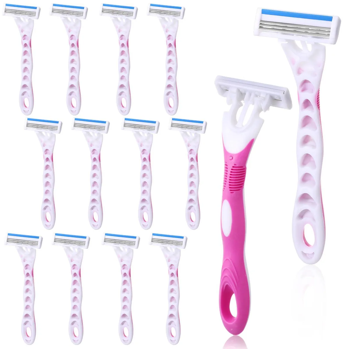 Twelve pink and white disposable razors with textured rubber handles and transparent blade covers