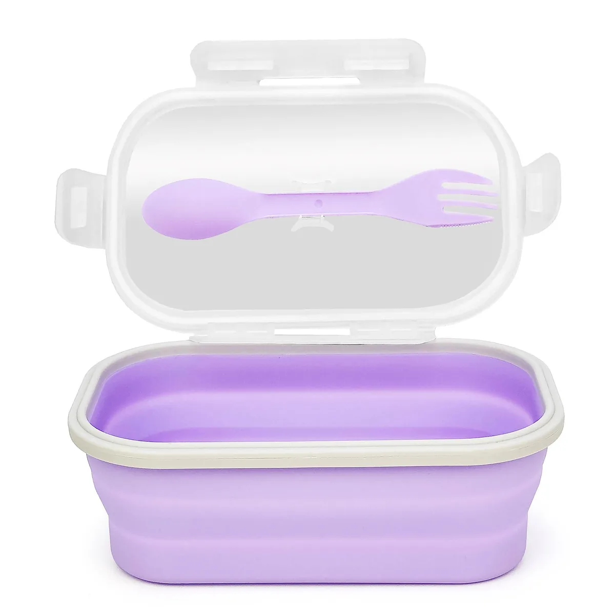 Purple collapsible silicone lunch box with lid and spork, folded flat