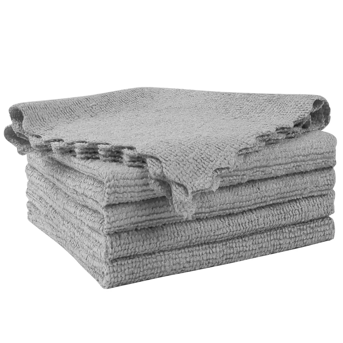 Five grey microfiber cloths stacked, each 12 by 11 inches