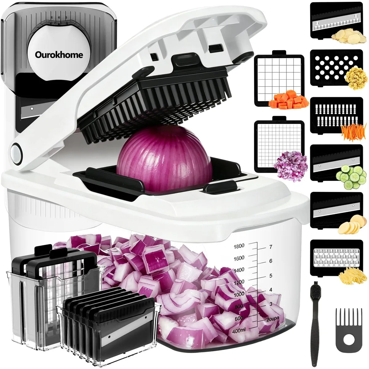 White rectangular manual food chopper with clear container and stainless steel blades