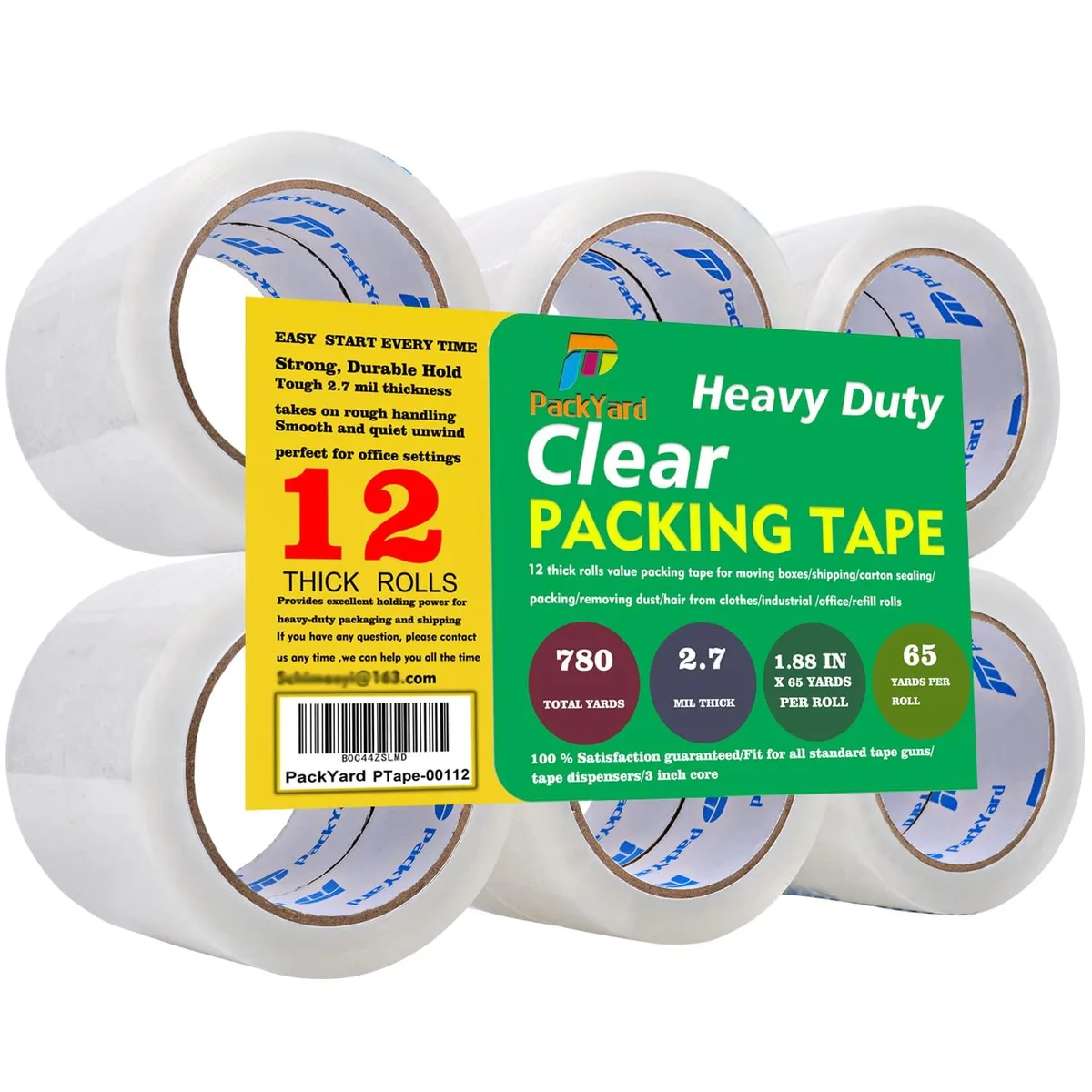 Twelve clear packing tape rolls on 3-inch cores, 1.88 inches wide, 2.7 mil thick