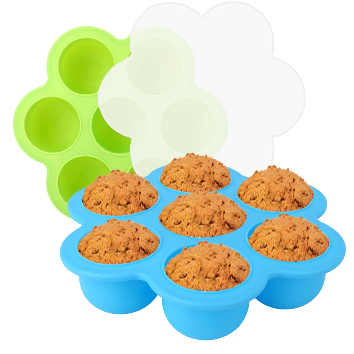 Two rectangular silicone trays with seven round cavities each and matching lids