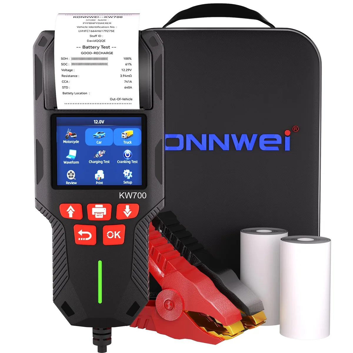 Handheld battery tester with built-in thermal printer and 2.8 inch LCD display