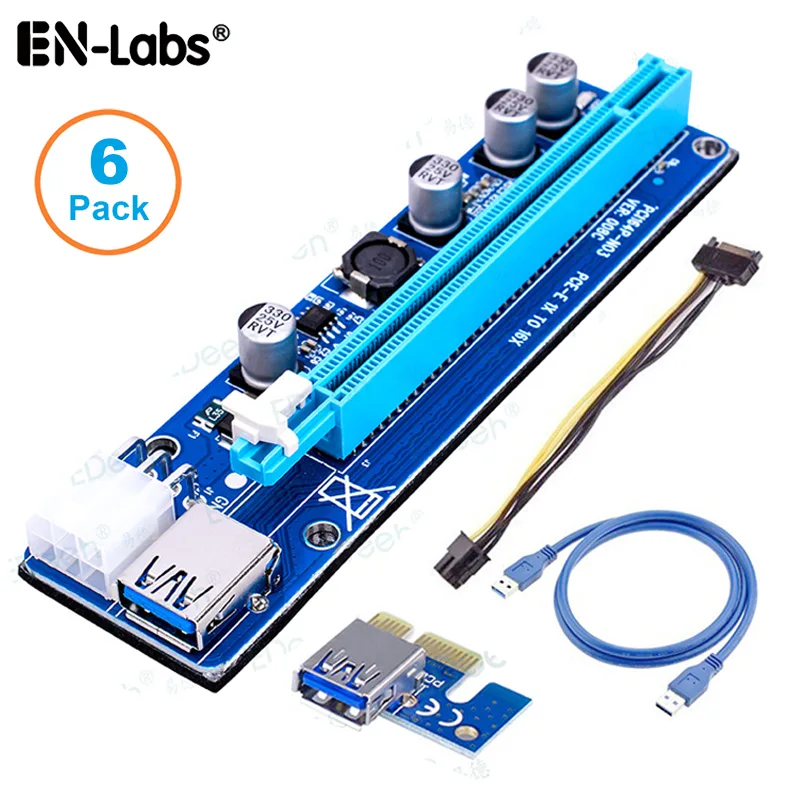 Six blue PCIe riser boards with 60 cm USB 3.0 cables and 6-pin to SATA power adapters