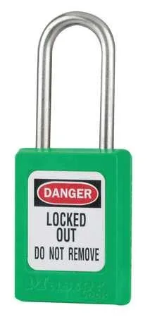 Six green thermoplastic safety padlocks with stainless steel shackles and two keys