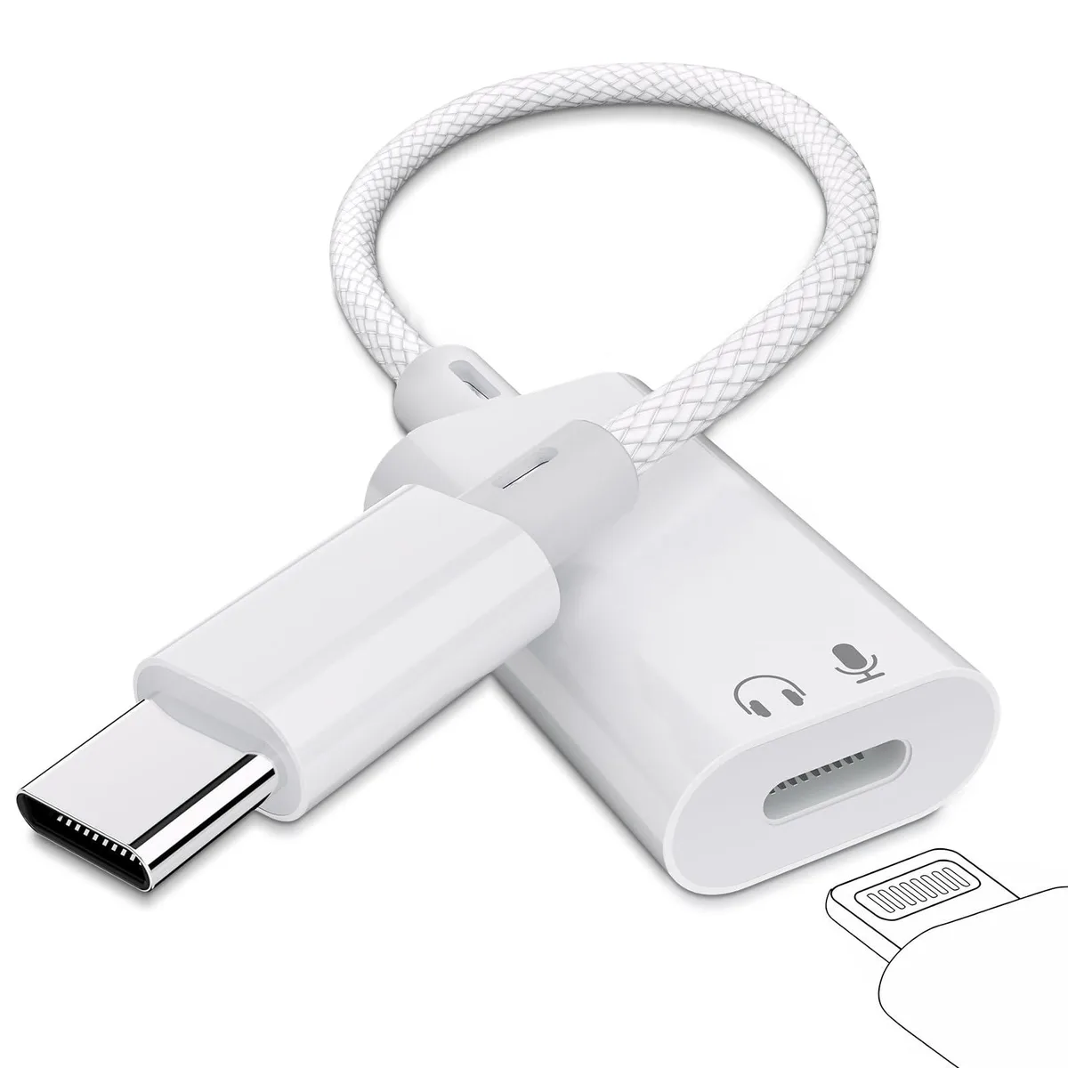 White USB-C male to Lightning female audio adapter, compact dongle shape