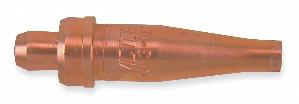 Small brass welding tip with single-piece construction and smooth finish