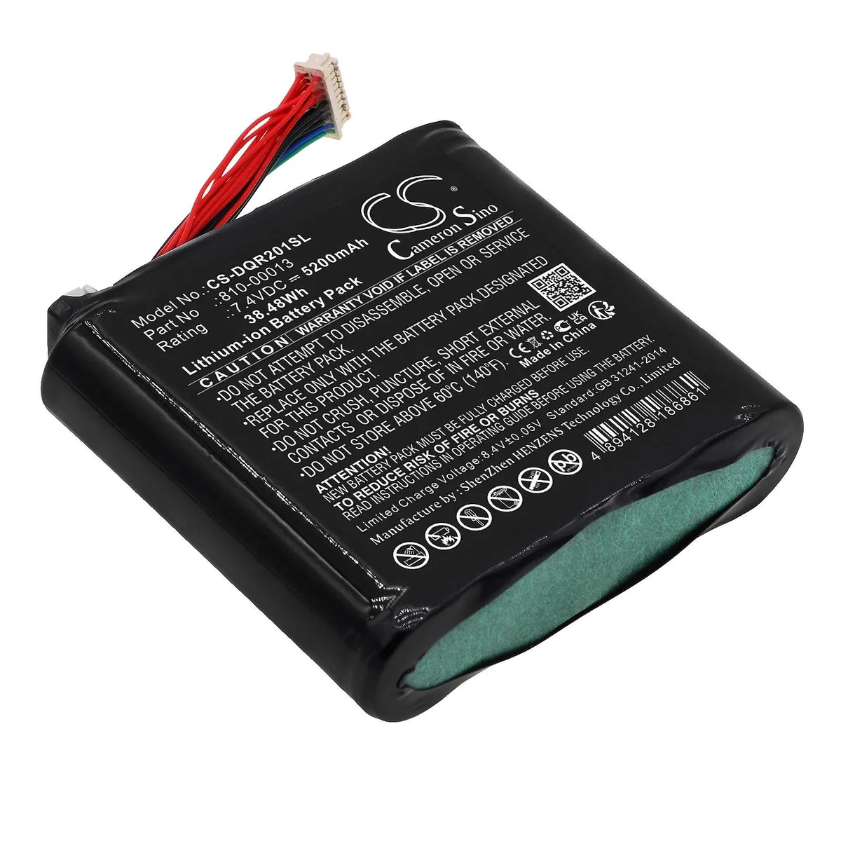 Rectangular lithium-ion battery pack, dark casing, connector on one side