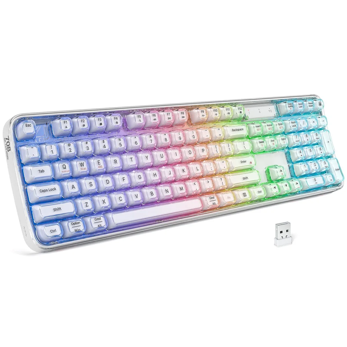  Redragon White Crystal Gaming Keyboard Bluetooth 5.0 2.4GHz USB-C RGB Transparent Keycaps — product photo