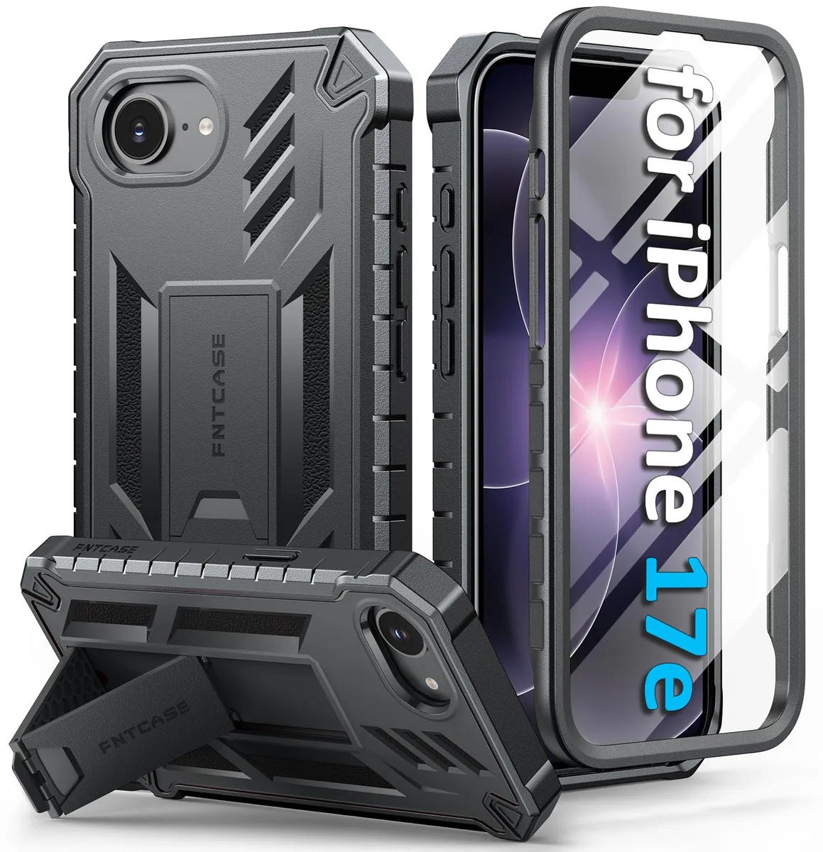 Black TPU rugged case with integrated kickstand and screen protector for iPhone 17e