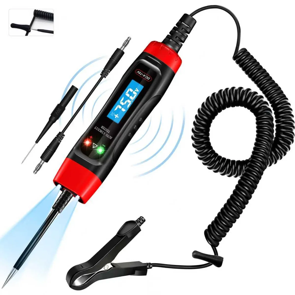 Automotive test light with LCD display, probe and coiled cord