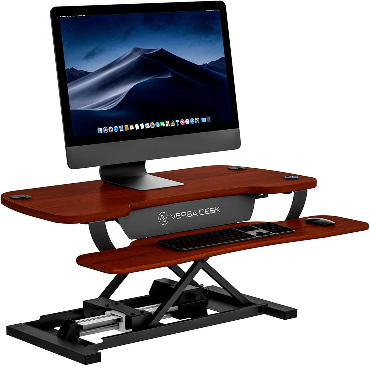 Cherry electric standing desk converter, two-tier with keyboard tray, carbon steel frame, three grommets