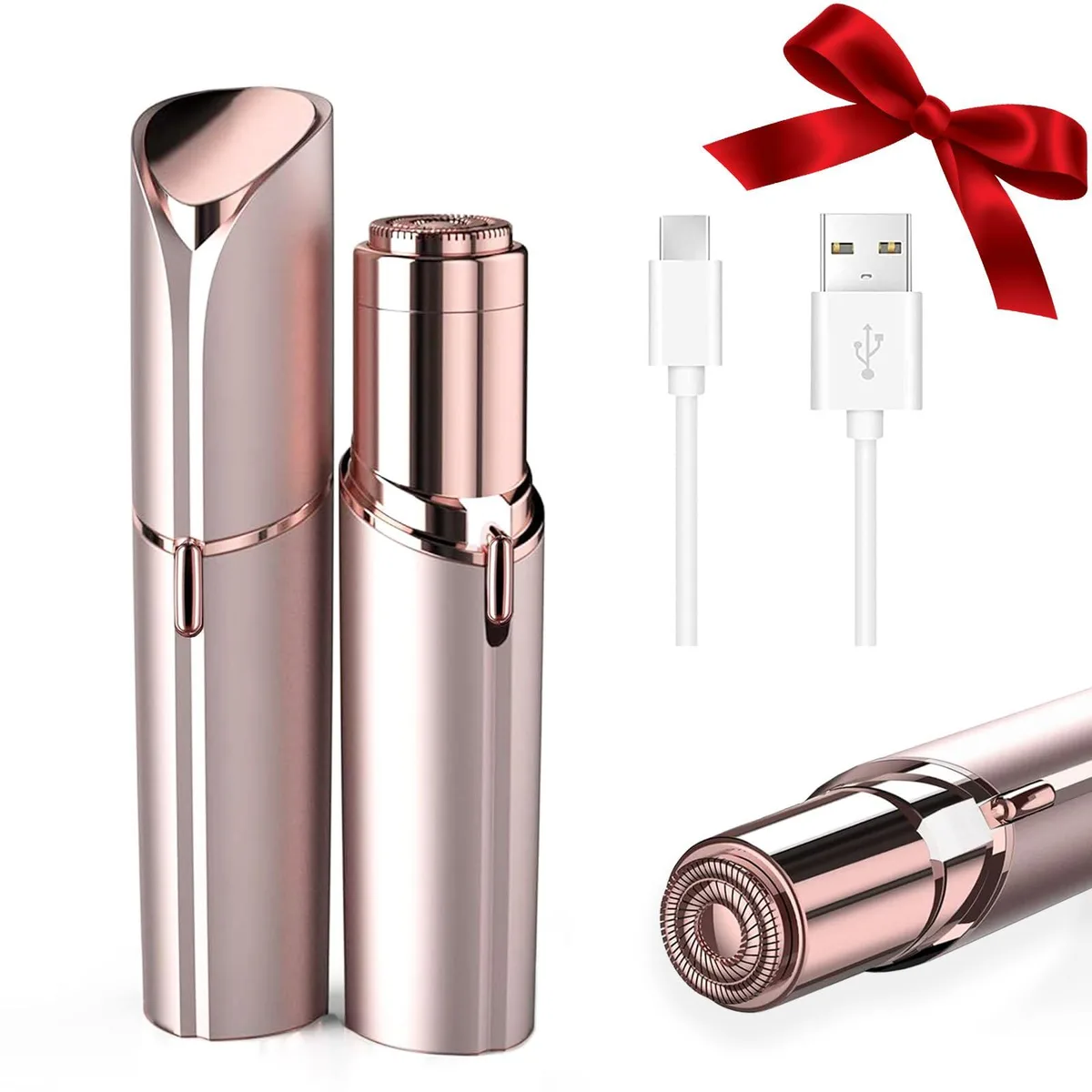 Pink foil face shaver with USB cable and cleaning brush