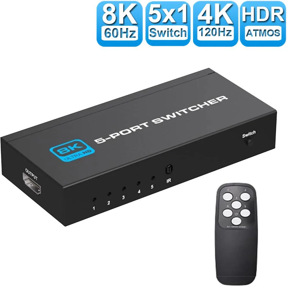 ESTONE ESTONE 5x1 HDMI Switch 48Gbps 8K@60Hz 4K@120Hz IR Remote — product photo