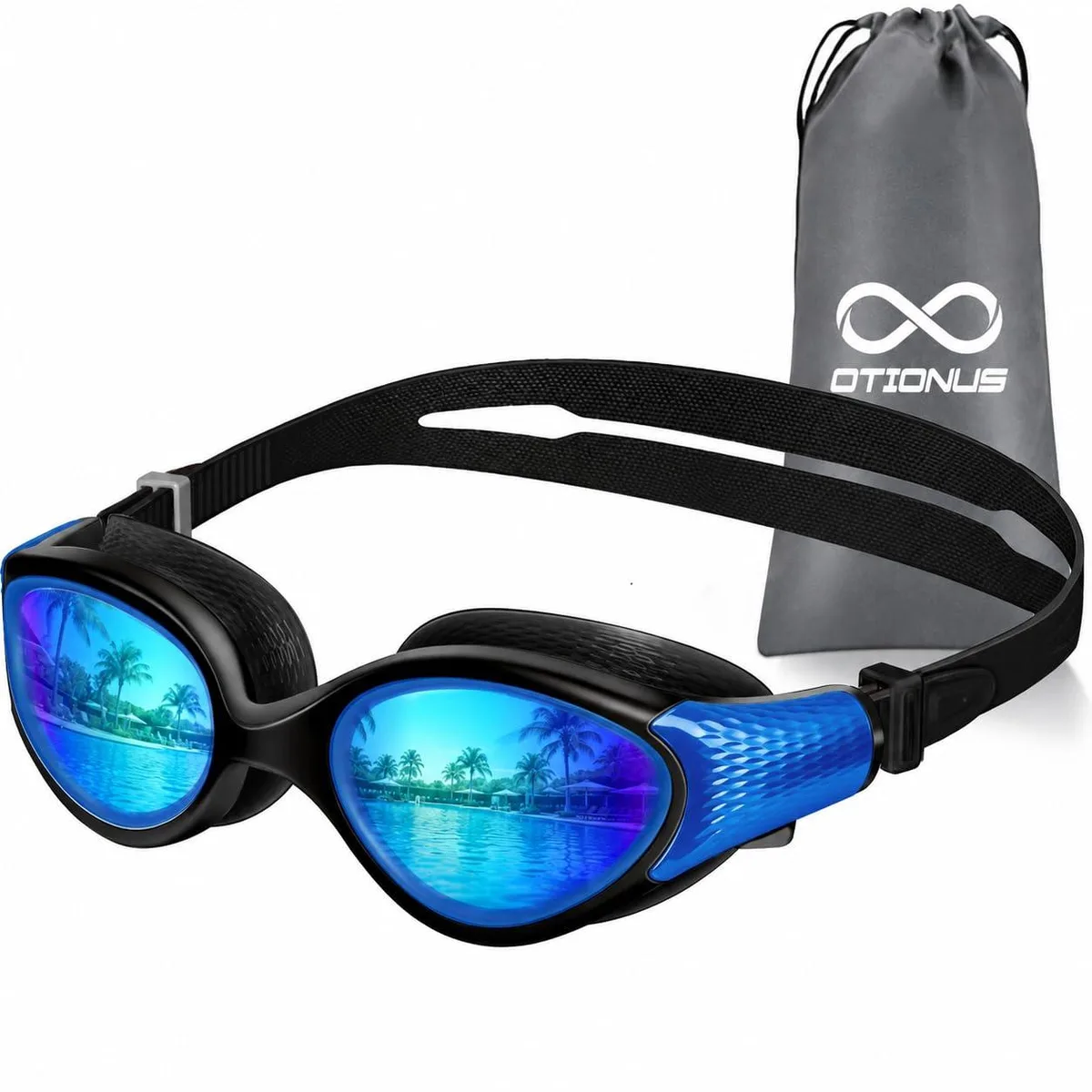 Black small-frame swimming goggles with wide curved lenses and dual strap