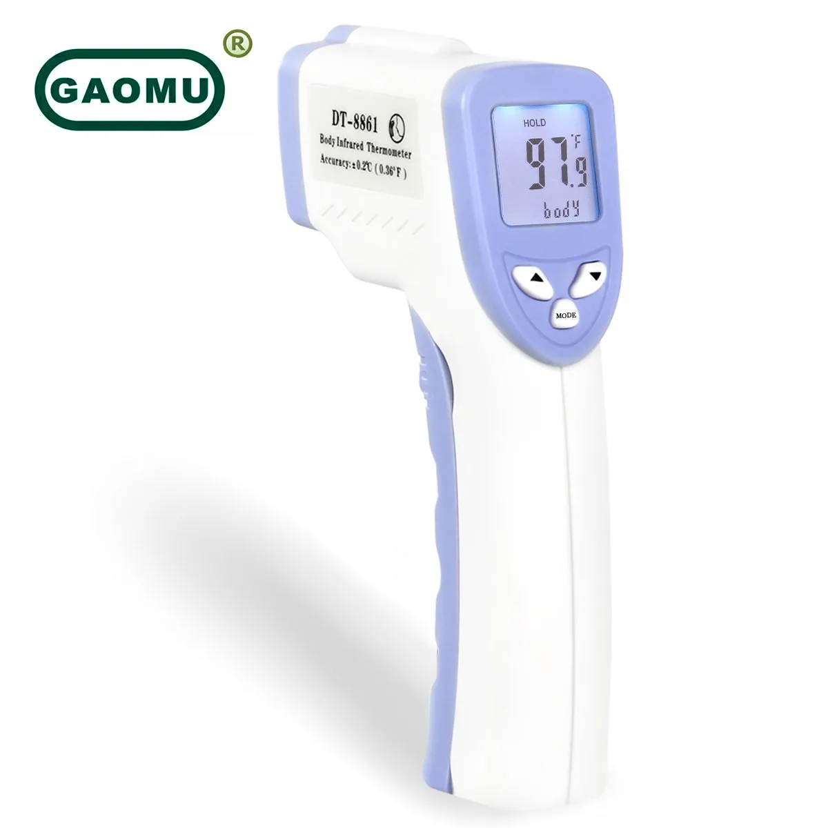 White handheld infrared thermometer with trigger and digital display