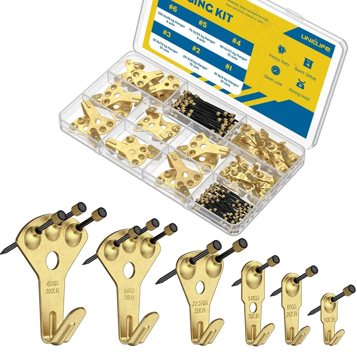 Gold picture hanging kit with 152 hooks and nails in a storage box