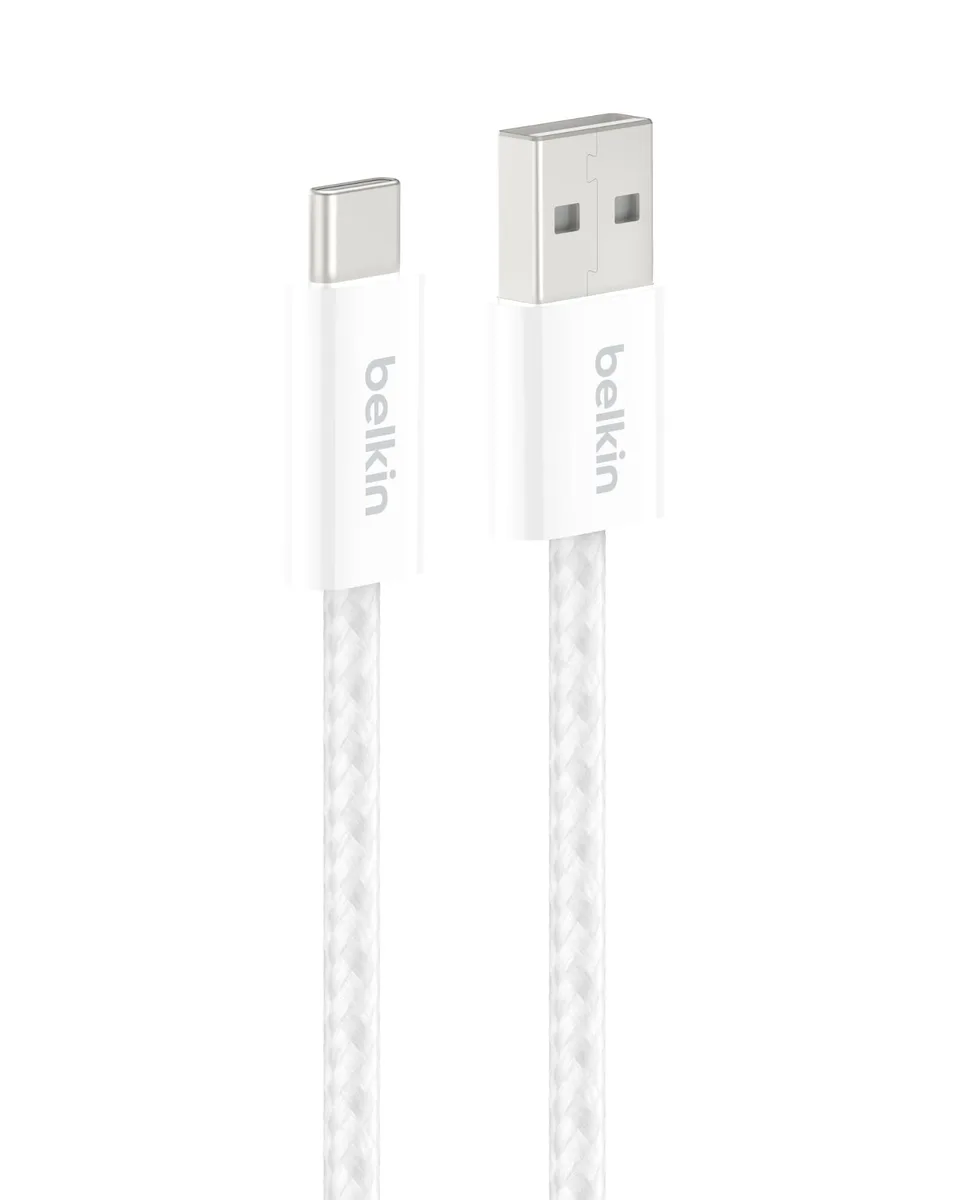 White braided USB-A to USB-C cable with male connectors, 3.3 ft long