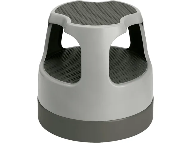 Gray plastic scooter stool with retractable casters and non-slip treads