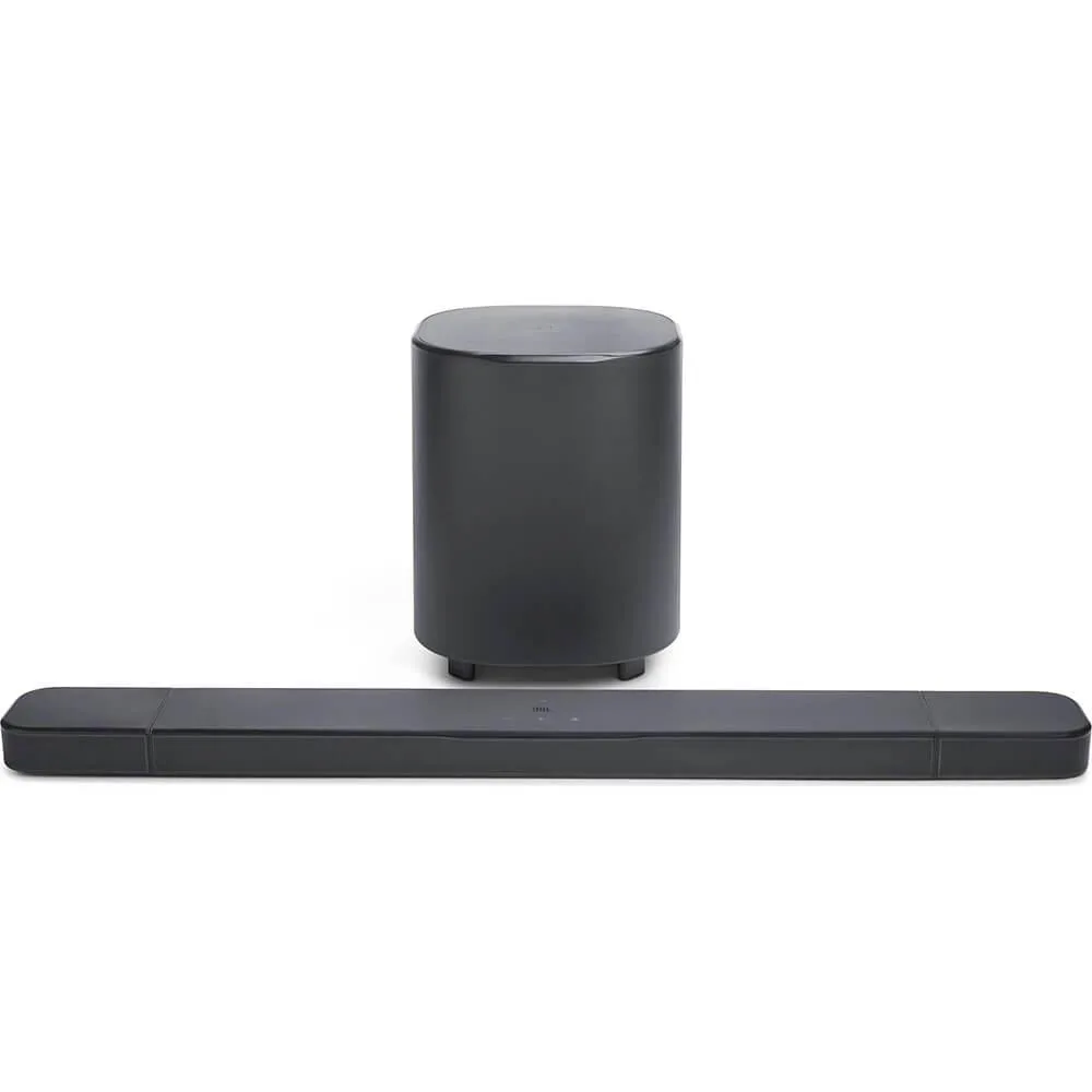 Sleek black soundbar with detachable wireless surround speakers